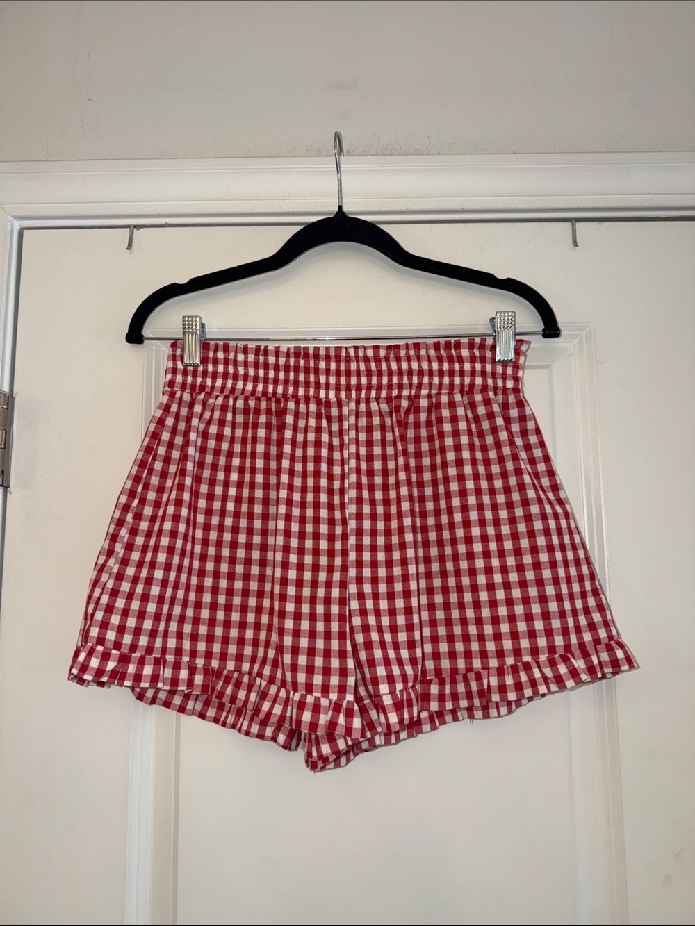 Red Gingham High-Waist Ruffle Hem Women's Shorts